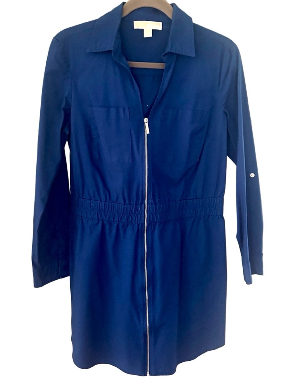 MICHAEL Michael Kors Shirt Dress Cinched Waist Blue Long-Sleeve Zip Front Sporty